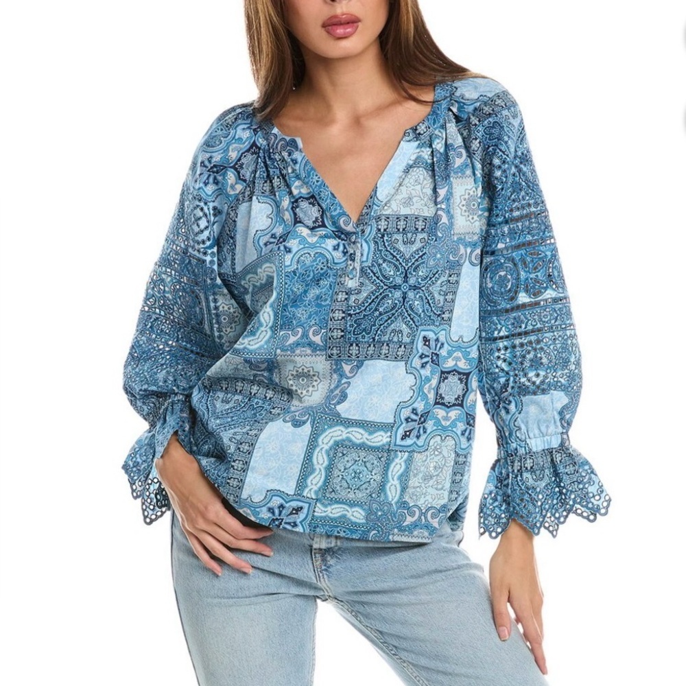 Tyler Boe like new Natalie Top in Paisley Blue patchwork size M-L